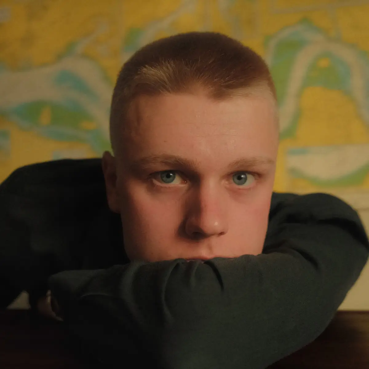 Close-up portret van een jongen man die op zijn arm leunt en recht in de camera kijkt. Hij heeft een geschoren hoofd.